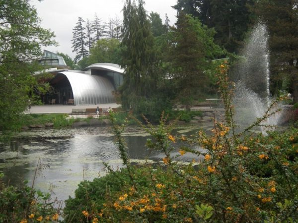 A view across the lake of the VanDusen's Visitor Centre, an award-winning Living Building