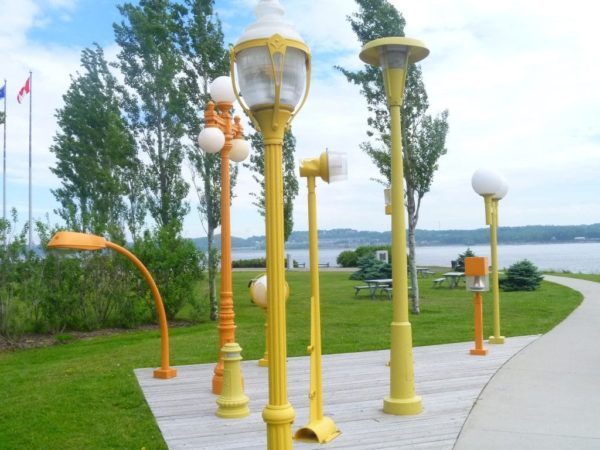 A fun art installation features the different styles of Quebec's vintage lampposts.