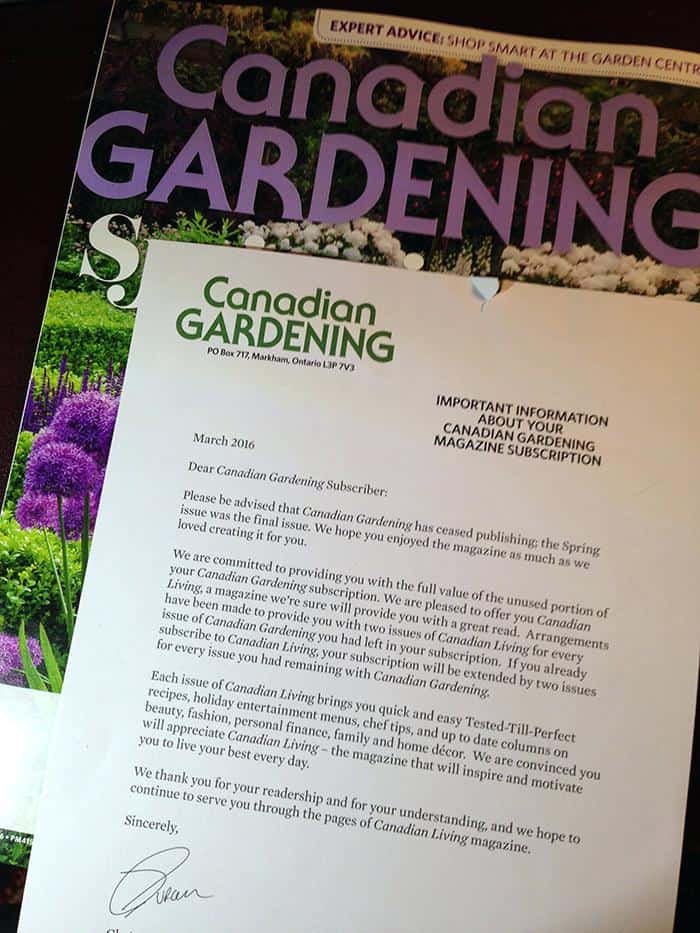 Letter sent with last issue of Canadian Gardening, received March 15, 2016.