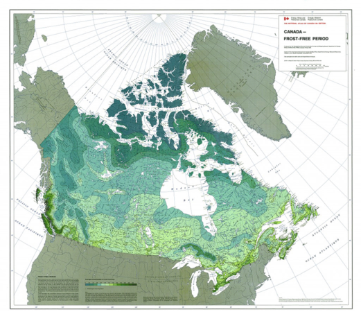 This map from 1981 shows the ranges of the average frost-free days in Canada.
