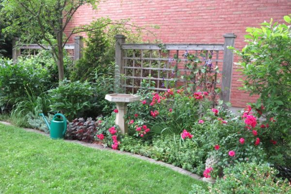 Wide planting beds are easier to design because they provide space for focal points, such as birdbaths or columnar trees.