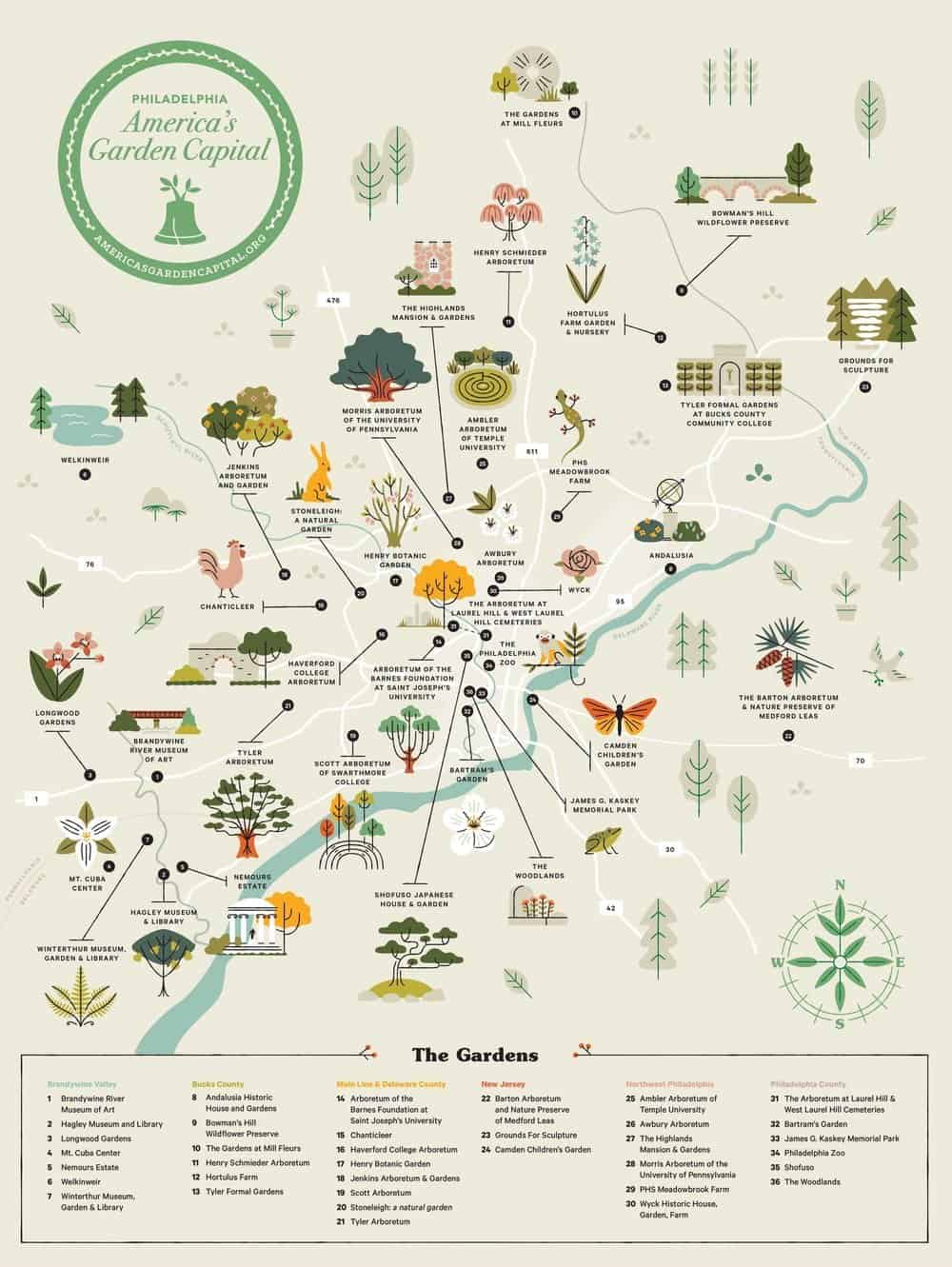 America’s Garden Capital map of 36 public gardens in the Philadelphia region.