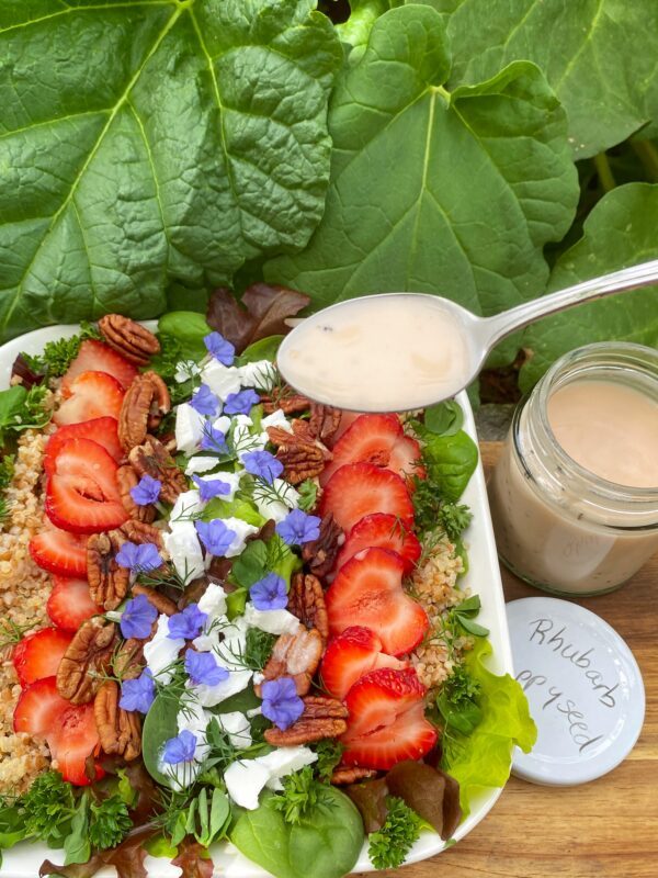 fresh salad greens with homemade rhubarb poppyseed dressing and garnish